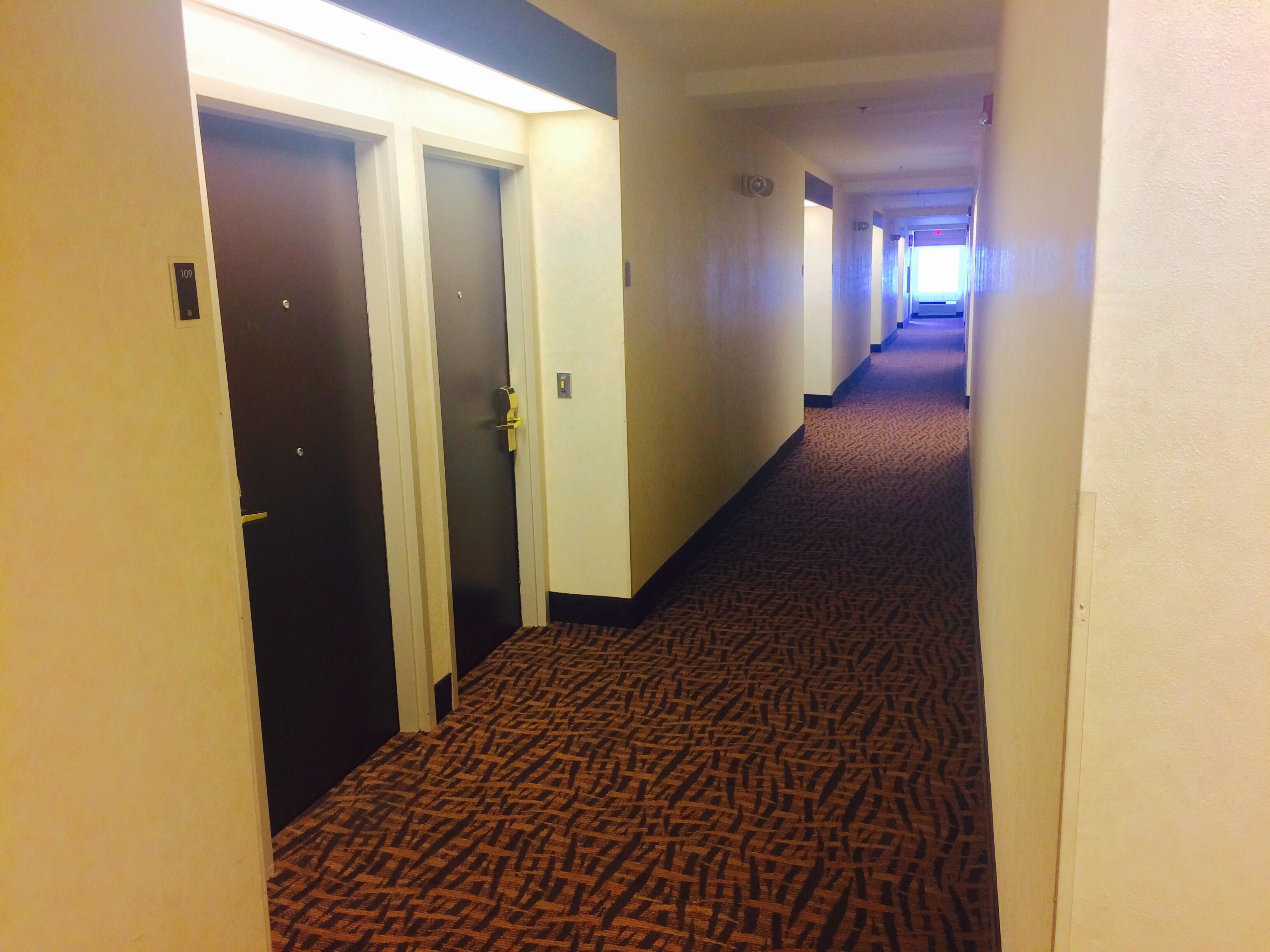 Un pasillo de hotel con pisos alfombrados, puertas y una lámpara.