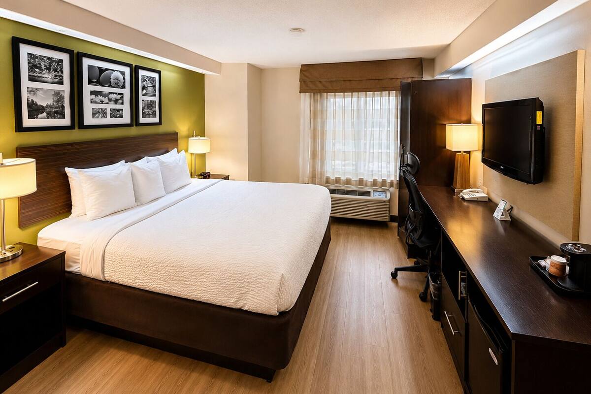 A hotel room with a bed, bedside lamps, a desk with a television, a desk lamp, and a window with curtains.