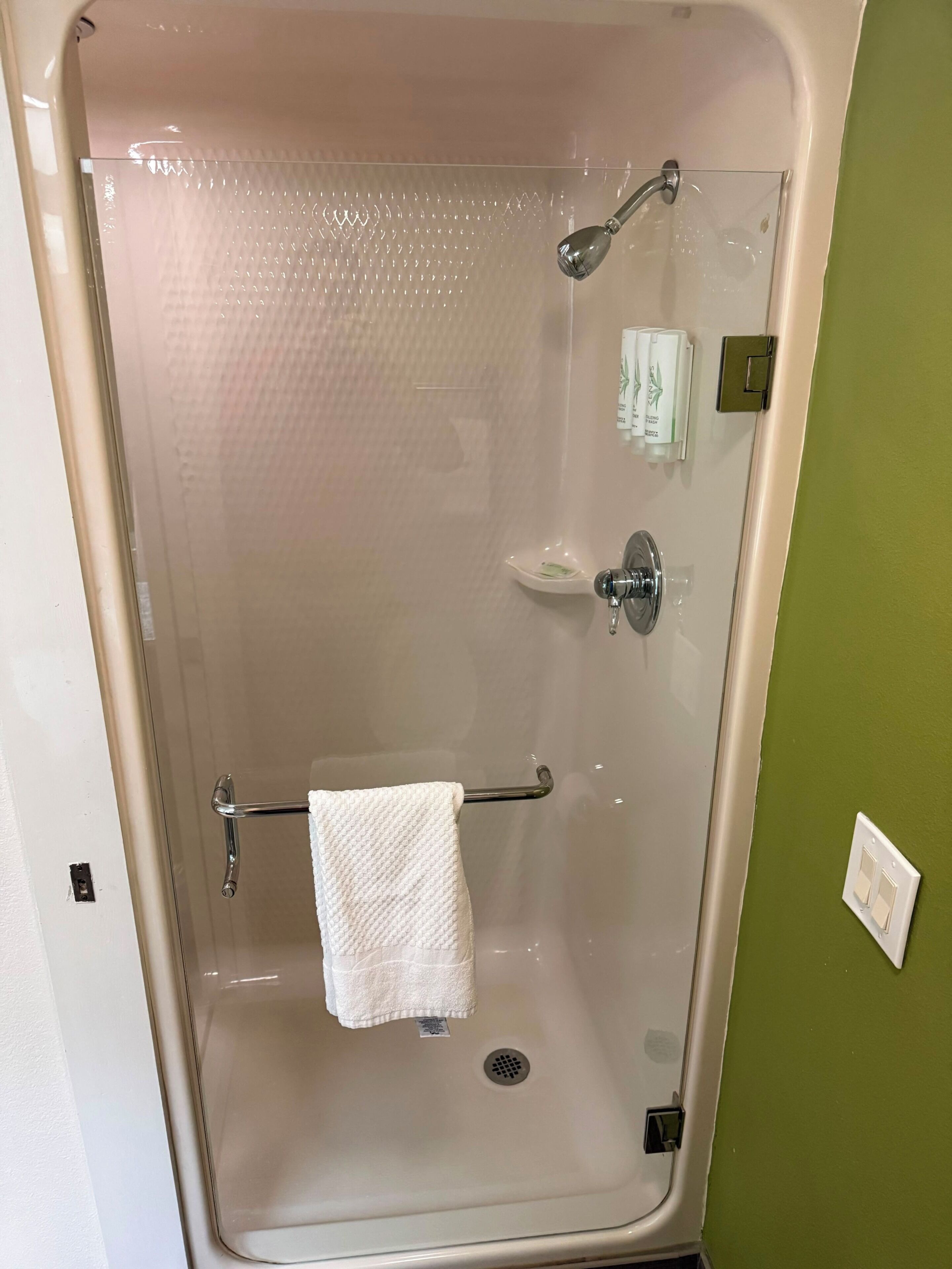 A shower with a glass door, a towel rack, and a soap dispenser.