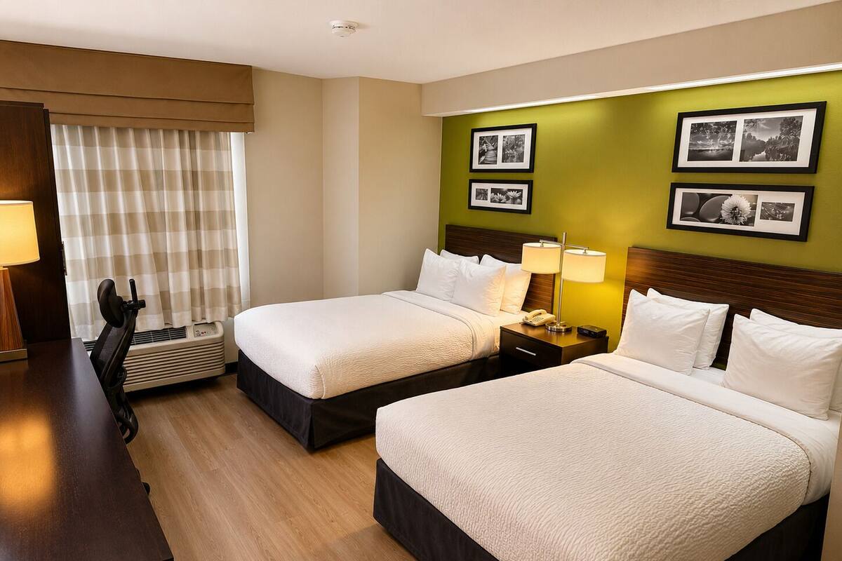 A hotel room with two beds, a desk, and a chair.