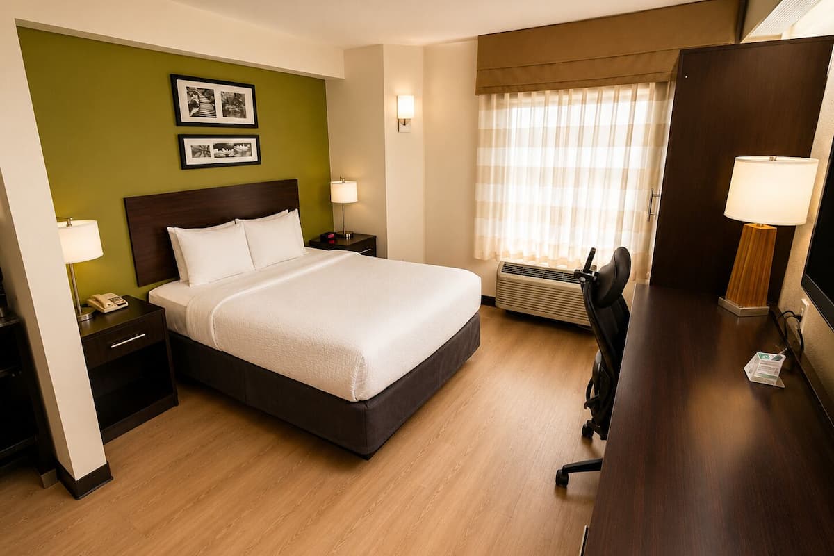 A hotel room with a bed, bedside tables, a desk, a chair, an air conditioning unit, a window with curtains, and framed pictures on the wall.