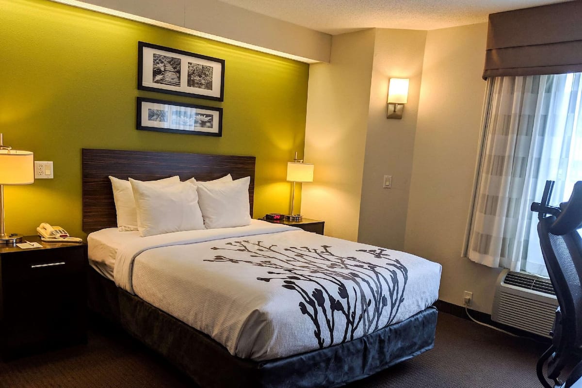 A hotel room with a bed, two bedside lamps, a telephone, a wall-mounted air conditioner, and two framed pictures on the wall.