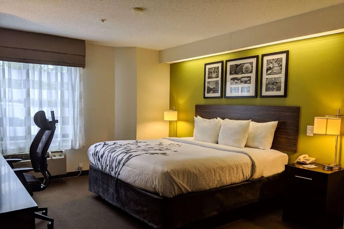A hotel room with a bed, bedside lamps, a desk, and a chair.
