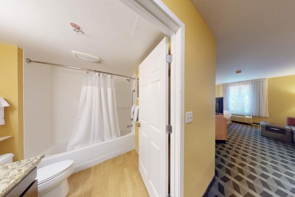 Una habitación de hotel con baño, sofá, televisor y alfombra estampada.