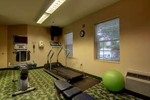 A fitness room with a treadmill, exercise ball, and stationary bike.