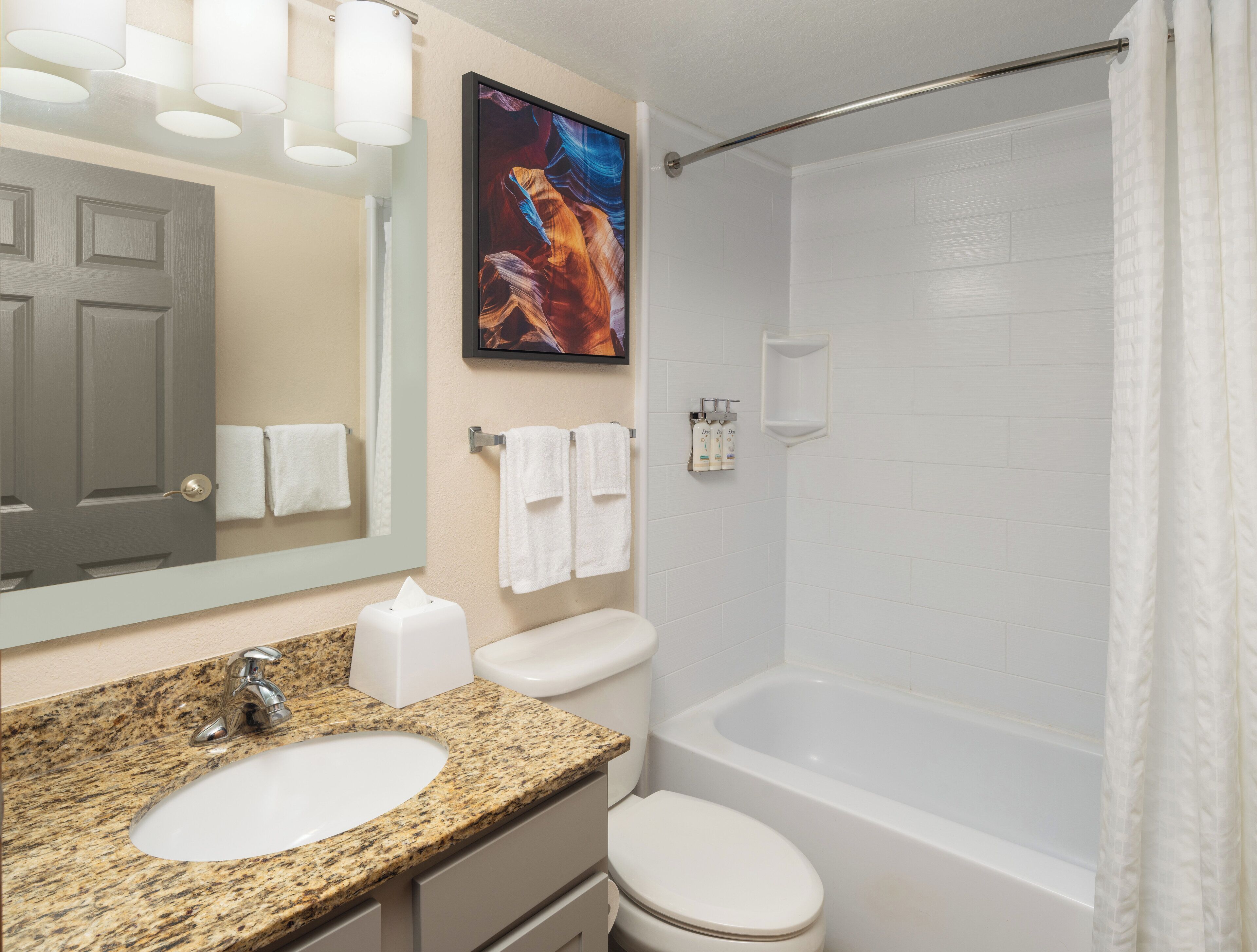 Tina con regadera, amenidades de baño gratuitas, secadora de cabello 