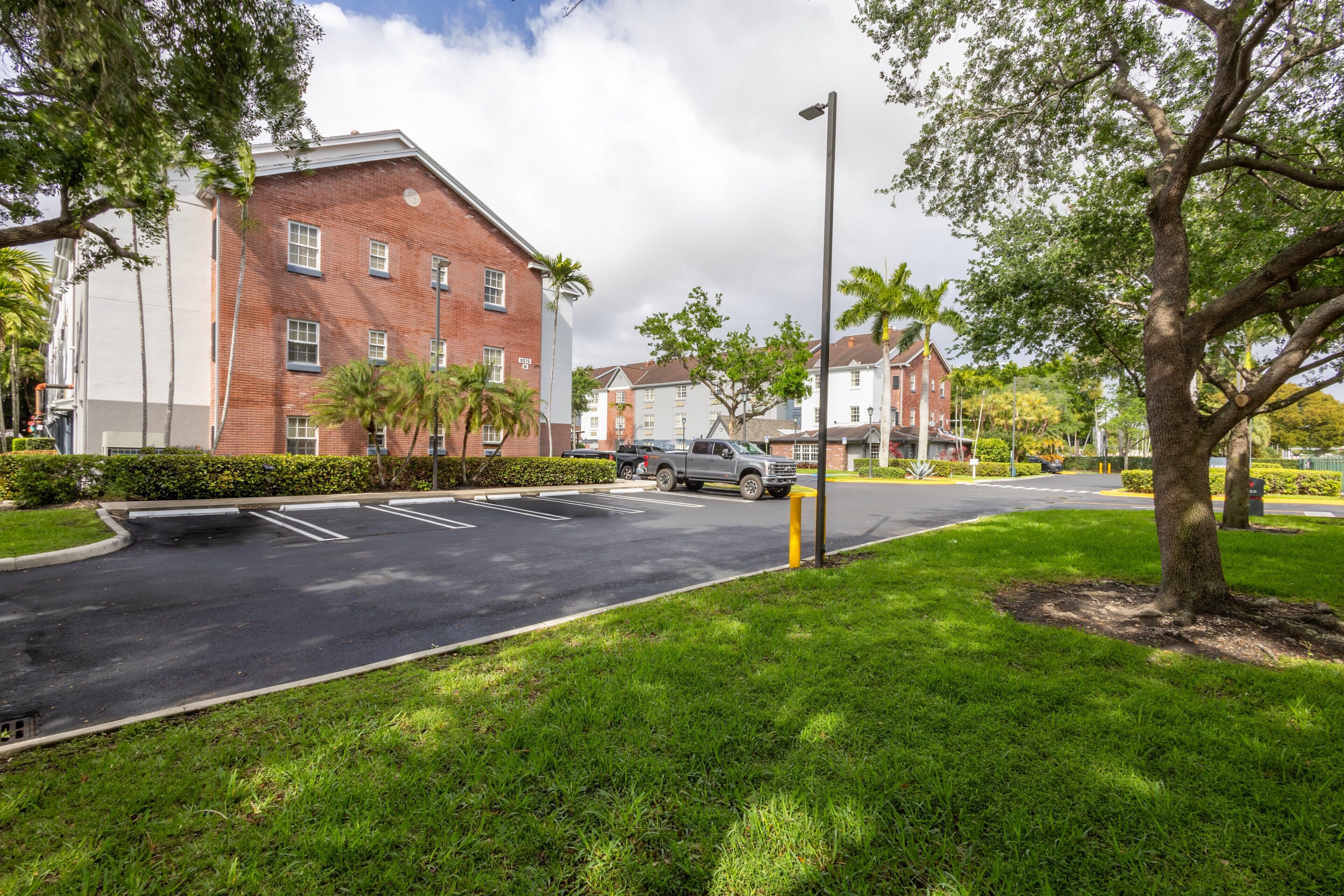 A parking lot with a brick building, palm trees, and a clear sky.