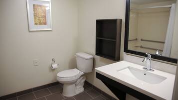 Een badkamer met toilet, wastafel, spiegel en een ingelijste foto aan de muur.