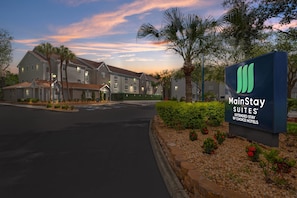 A MainStay Suites hotel entrance with a sign, palm trees, and a road leading to the building. - MainStay Suites Tampa Moffitt-USF (Tampa)