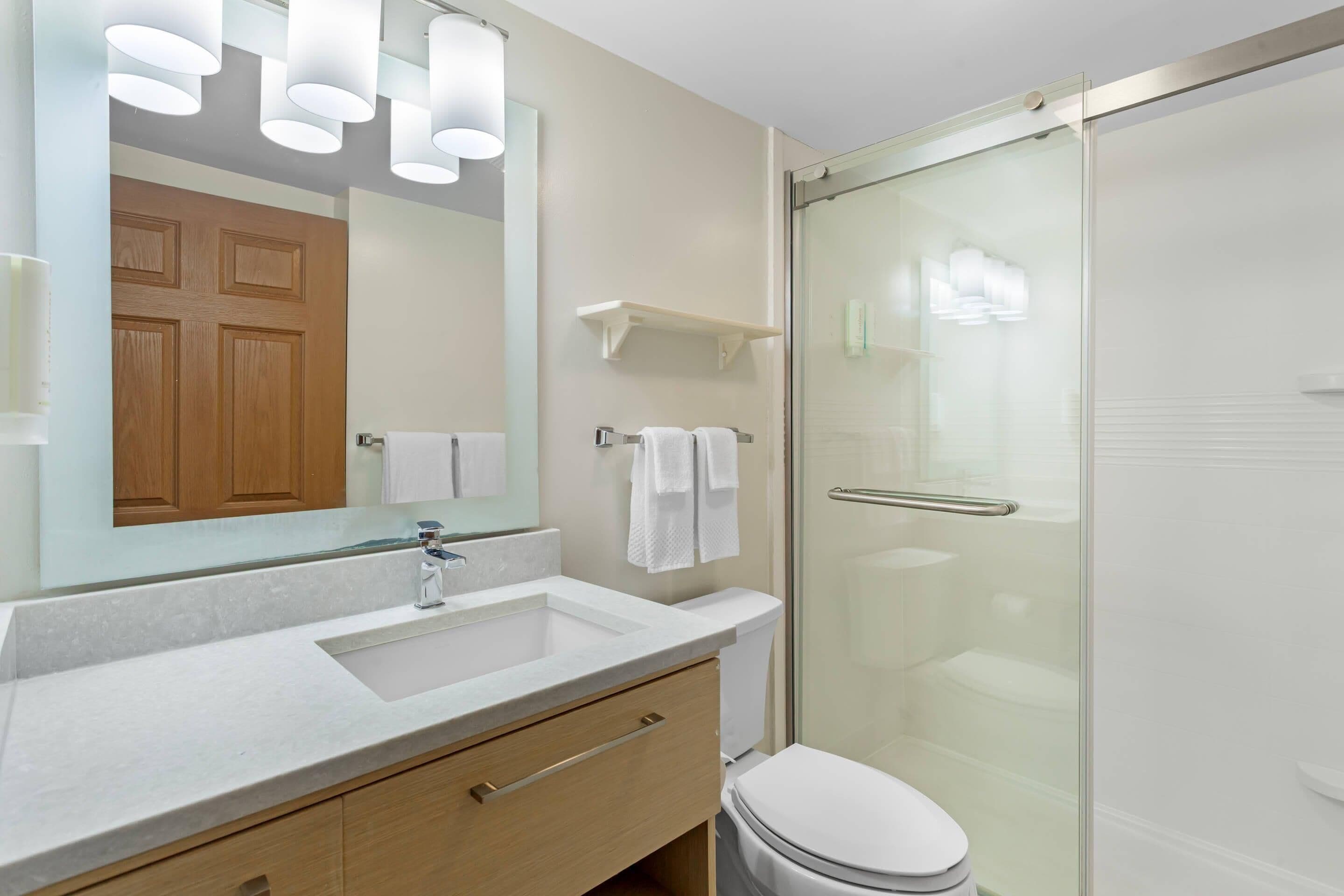 A modern bathroom with a sink, mirror, and glass shower enclosure.