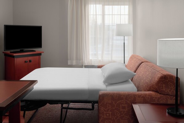Una habitación de hotel con una cama, un televisor en un mueble bajo, un escritorio, un sofá y una lámpara.