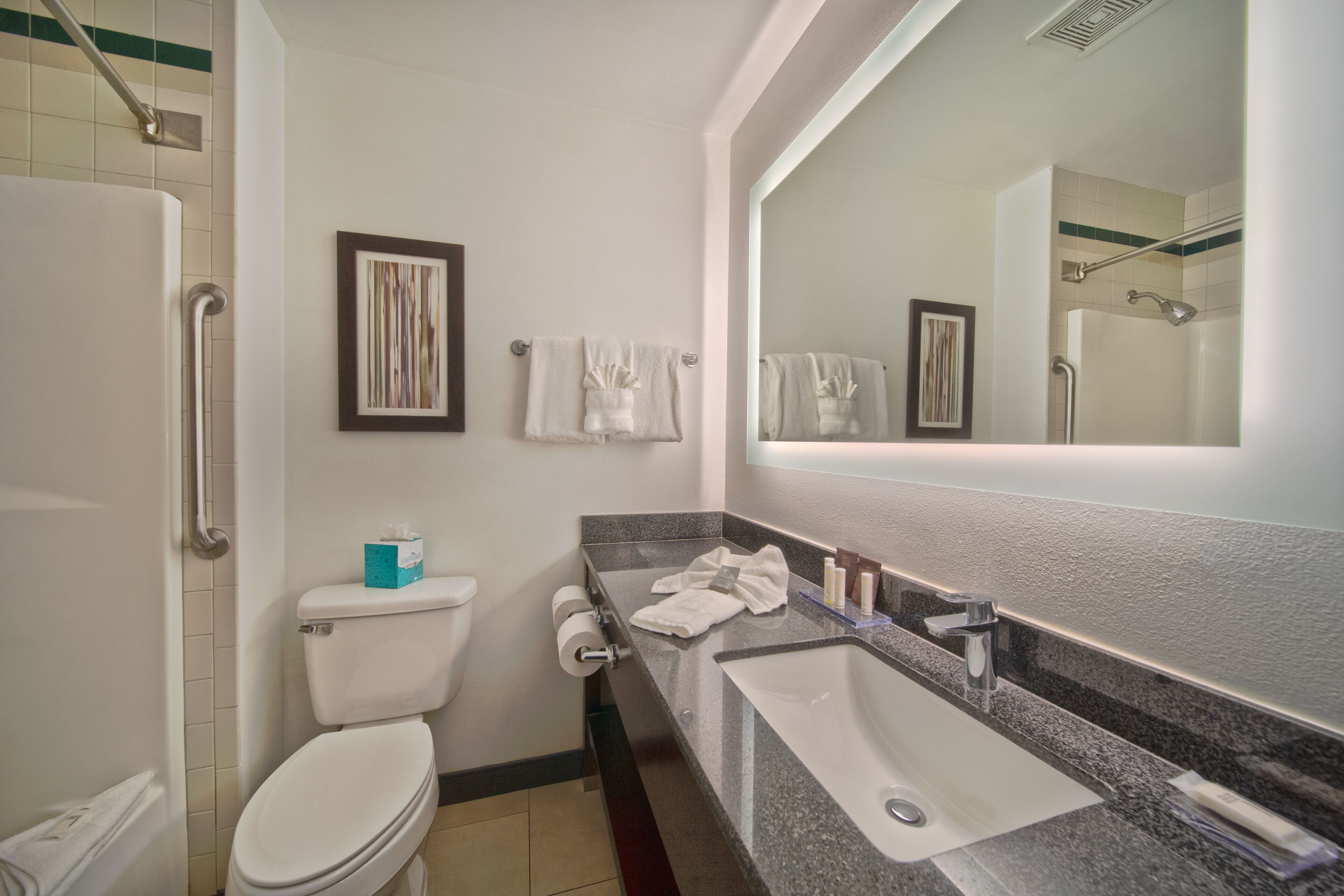 Une salle de bain moderne équipée de toilettes, d’un lavabo et d’une douche.