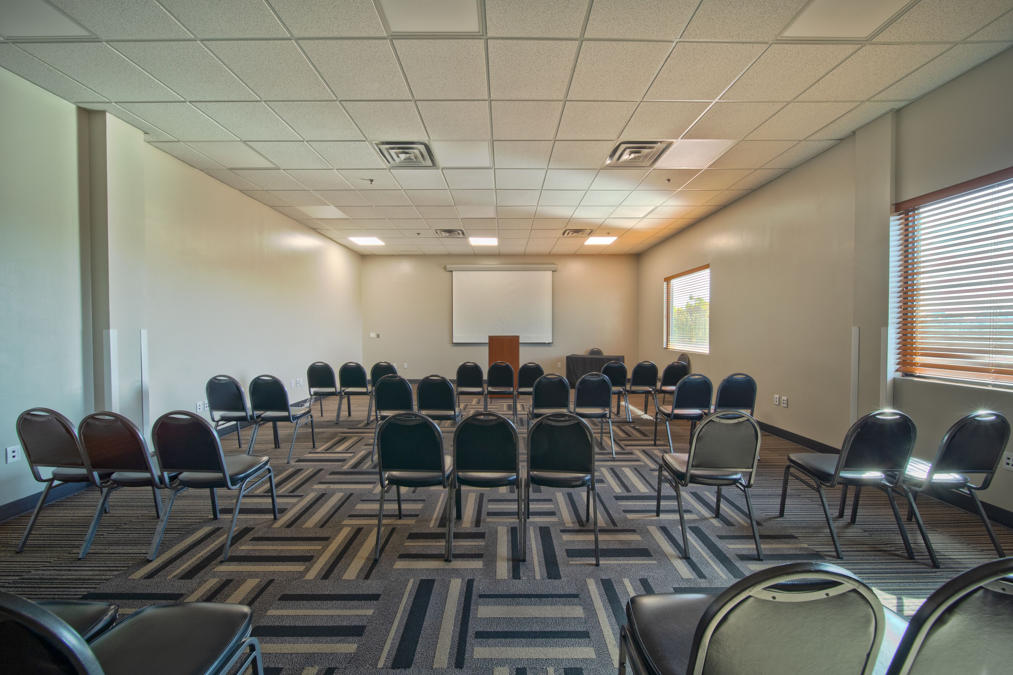 A conference room with rows of chairs, a projector screen, and a carpeted floor.