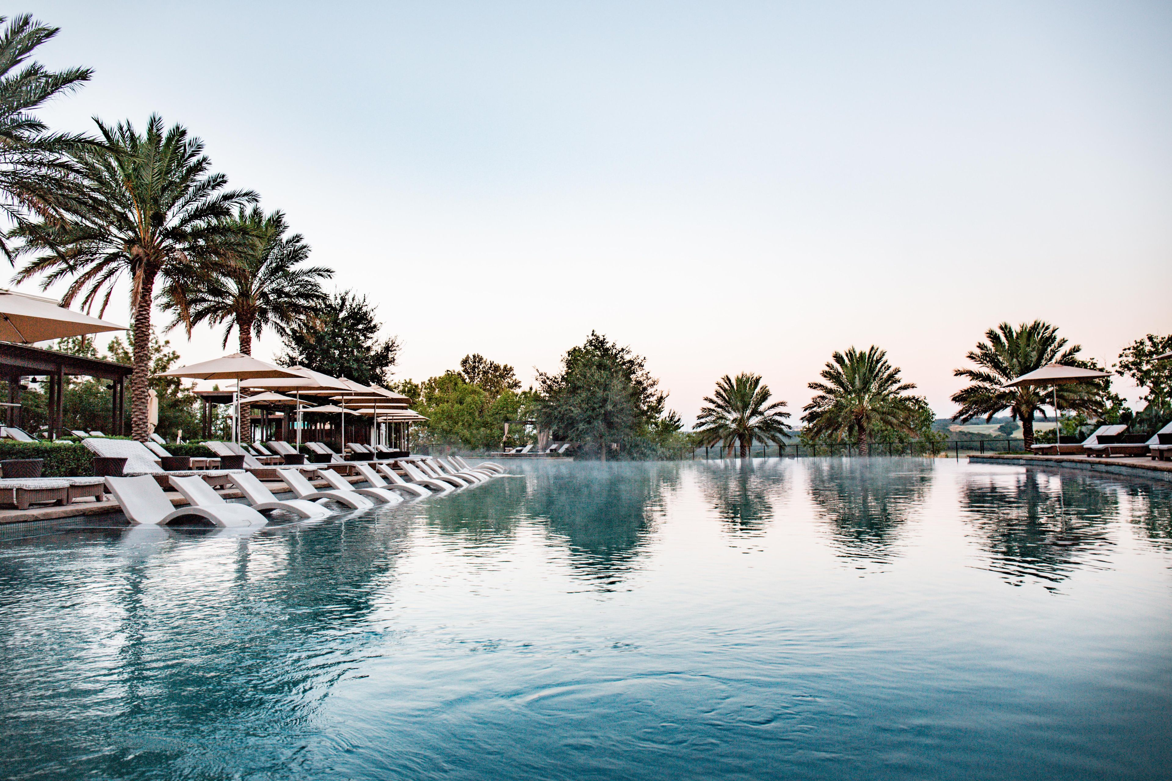 A pool with lounge chairs and umbrellas, surrounded by palm trees.