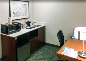 Mini-fridge, microwave, coffee/tea maker