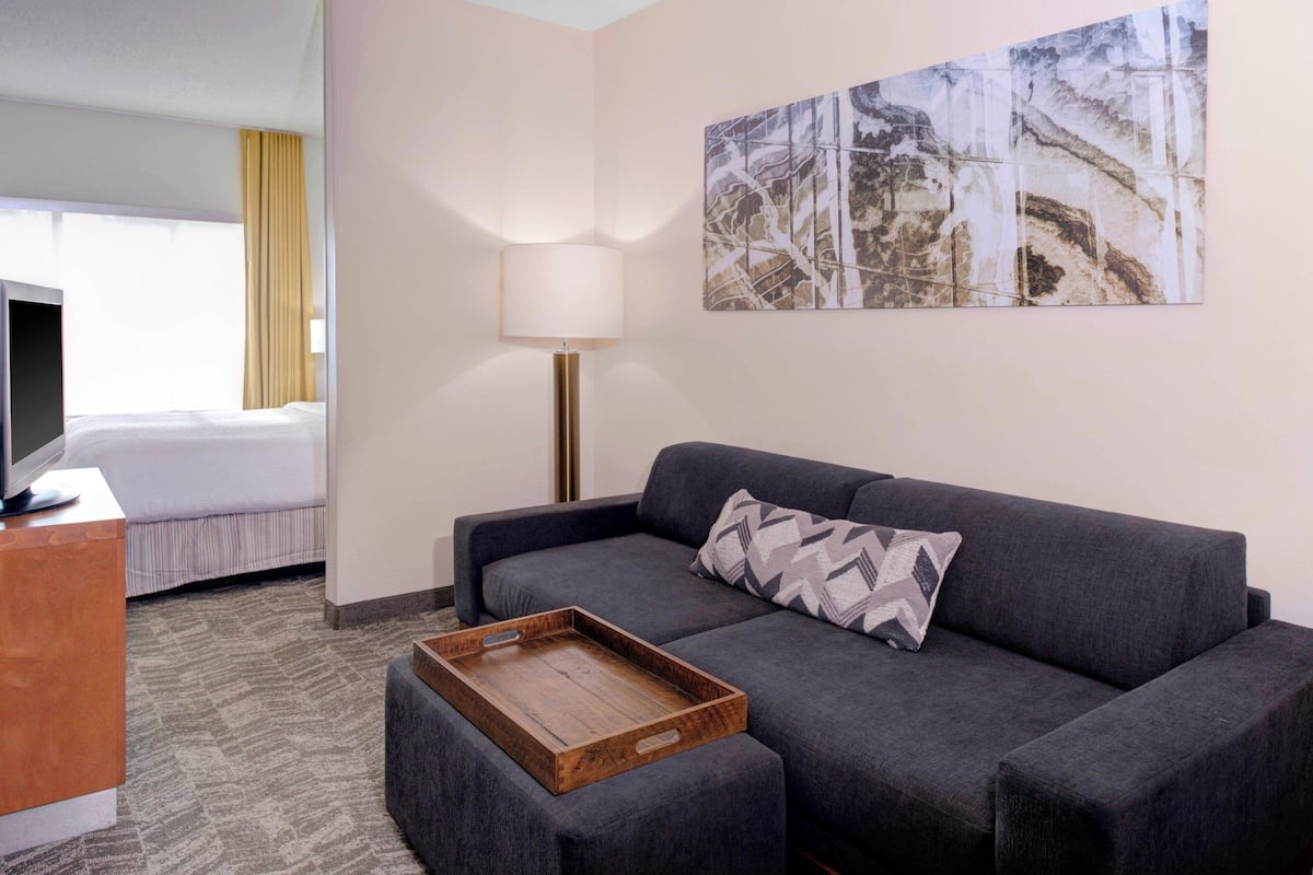 A hotel room with a grey sofa, a wooden tray, a TV on a stand, a bed, and a large abstract painting on the wall.