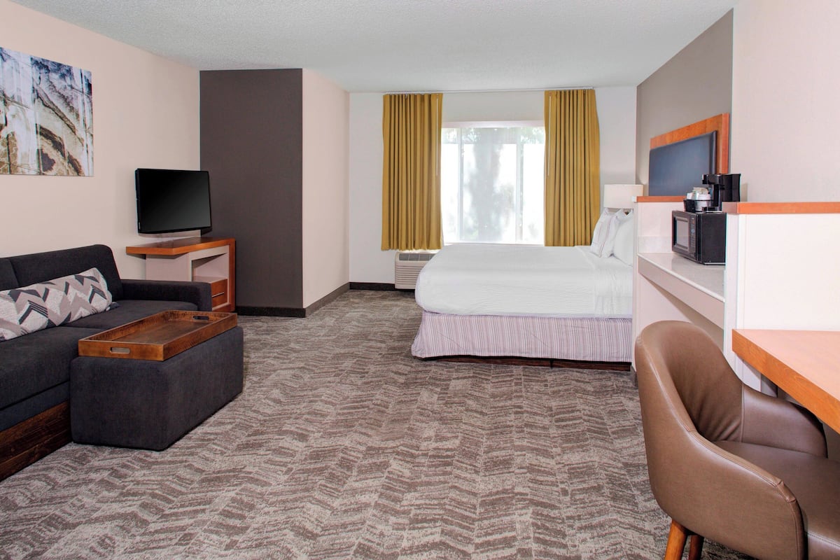 A hotel room with a bed, a sofa, a TV, a desk with a microwave, and a window with curtains.