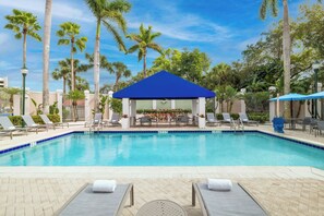 Outdoor pool, open 7:00 AM to 11:00 PM, pool umbrellas, sun loungers