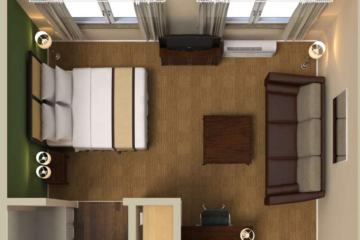 Estudio Deluxe, 1 cama King size y sofá cama, para no fumadores | Escritorio, espacio para trabajar con laptop y cortinas blackout