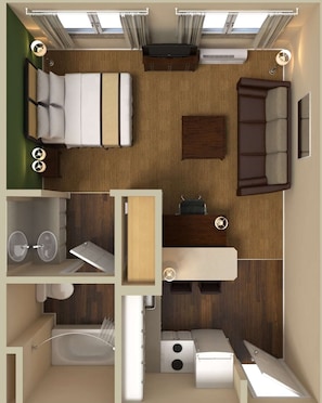 Estudio Deluxe, 1 cama King size y sofá cama, para no fumadores | Escritorio, espacio para trabajar con laptop y cortinas blackout