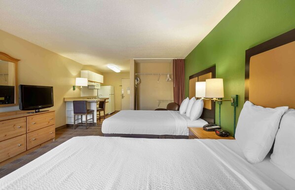 Studio, 2 Queen Beds, Non Smoking | Desk, laptop workspace, blackout drapes, iron/ironing board