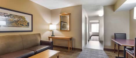 Suite, 1 Bedroom, Non Smoking | Desk, laptop workspace, blackout drapes, iron/ironing board