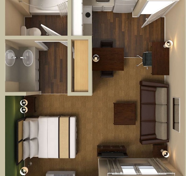 Estudio Deluxe, 1 cama King size y sofá cama, para no fumadores | Escritorio, espacio para trabajar con laptop y cortinas blackout