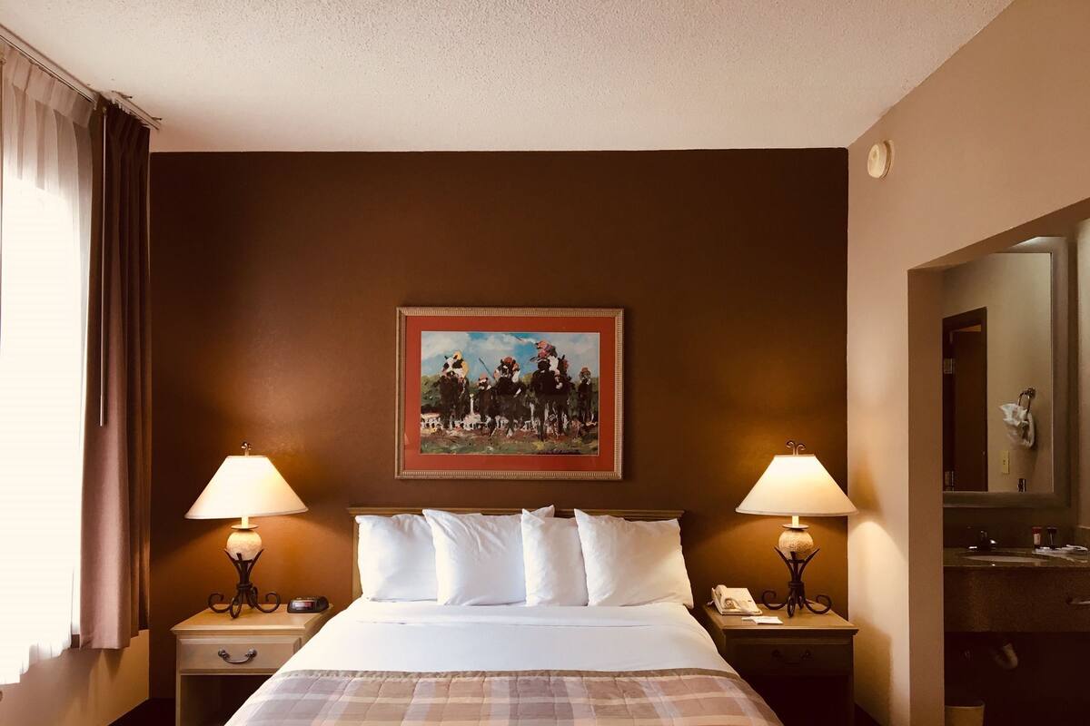 Une chambre d’hôtel avec un lit, deux tables de chevet avec des lampes, un tableau au mur et un miroir dans la salle de bain.