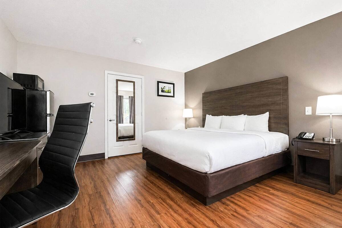 A hotel room with a bed, a desk with a chair, a TV, a bedside table with a lamp, and a picture on the wall.