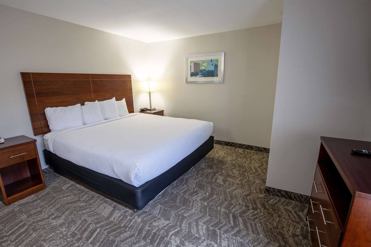 A hotel room with a large bed, a nightstand, a lamp, a framed picture on the wall, and a wooden desk.
