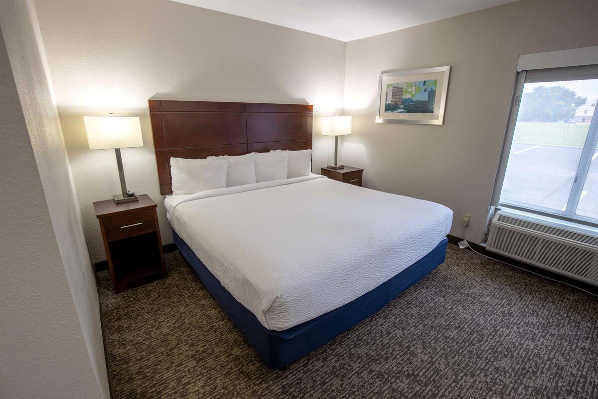 A hotel room with a large bed, two bedside tables with lamps, a framed picture on the wall, and a window with a view.