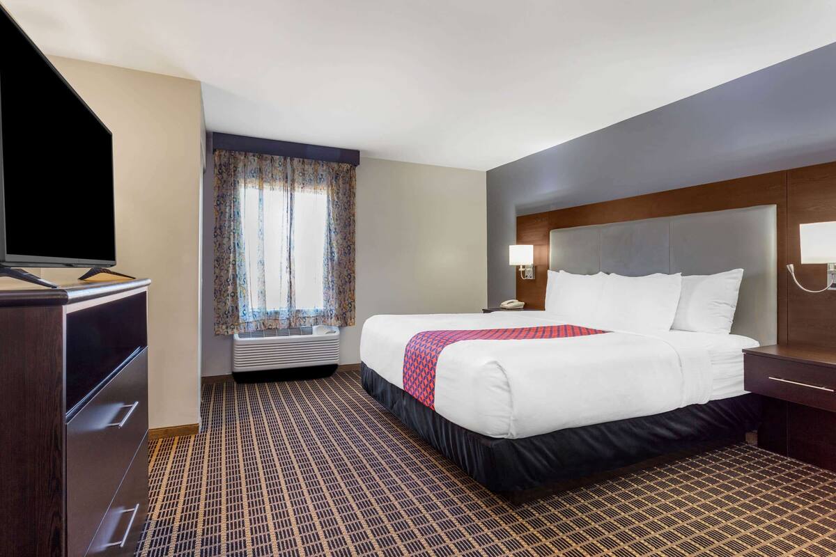 Habitación de hotel con una cama grande, televisión de pantalla plana, escritorio con lámpara y ventana con cortinas.