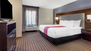 Habitación de hotel con una cama grande, televisión de pantalla plana, escritorio con lámpara y ventana con cortinas.
