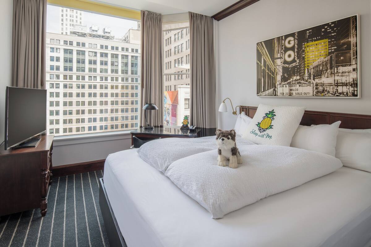 A hotel room with a large bed, a TV on a wooden nightstand, a window with curtains, and a cityscape view.