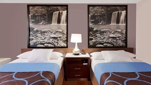 Habitación de hotel con dos camas, una mesita de noche con lámpara y dos fotografías enmarcadas de cascadas en la pared.