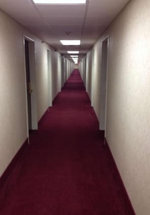 A long hallway with carpeted floors and doors on both sides. - Country Hearth Inn & Suites Willard (Willard)