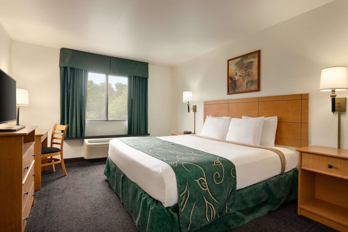 A hotel room with a bed, a desk, a chair, a TV, a window with curtains, a painting on the wall, and a lamp.