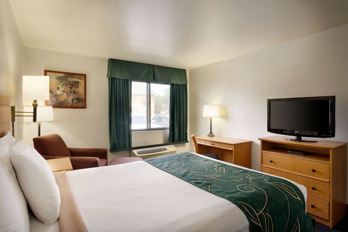 A hotel room with a large bed, a desk with a television, a chair, and a window with curtains.