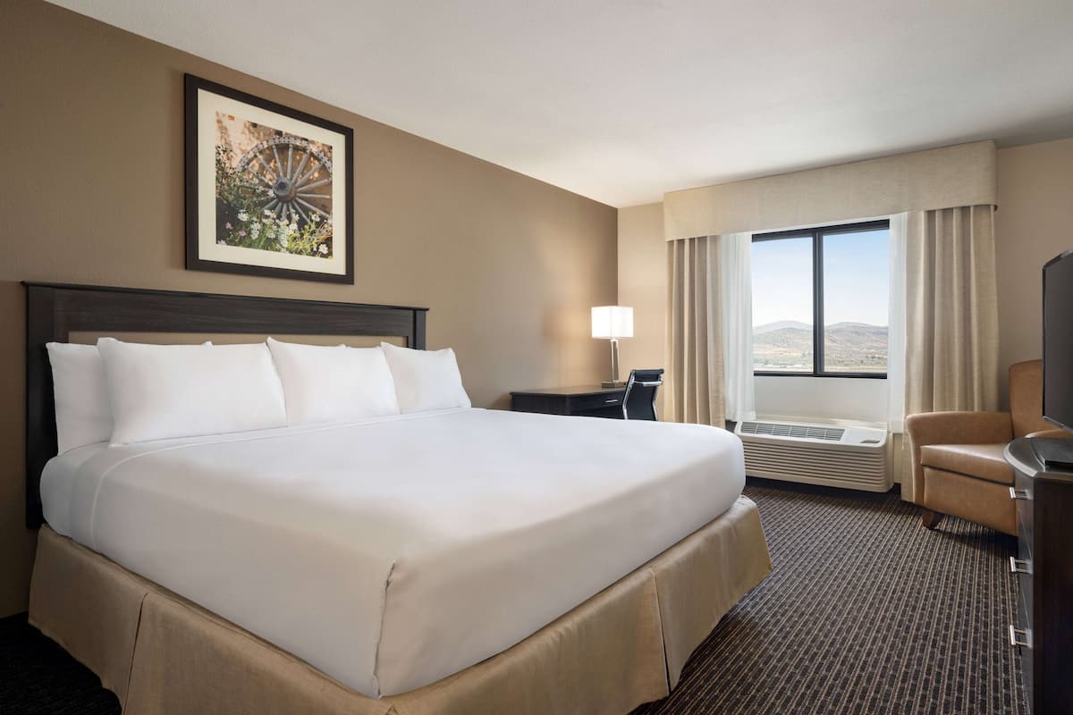 A hotel room with a large bed, a desk, a chair, a TV, and a window with curtains.