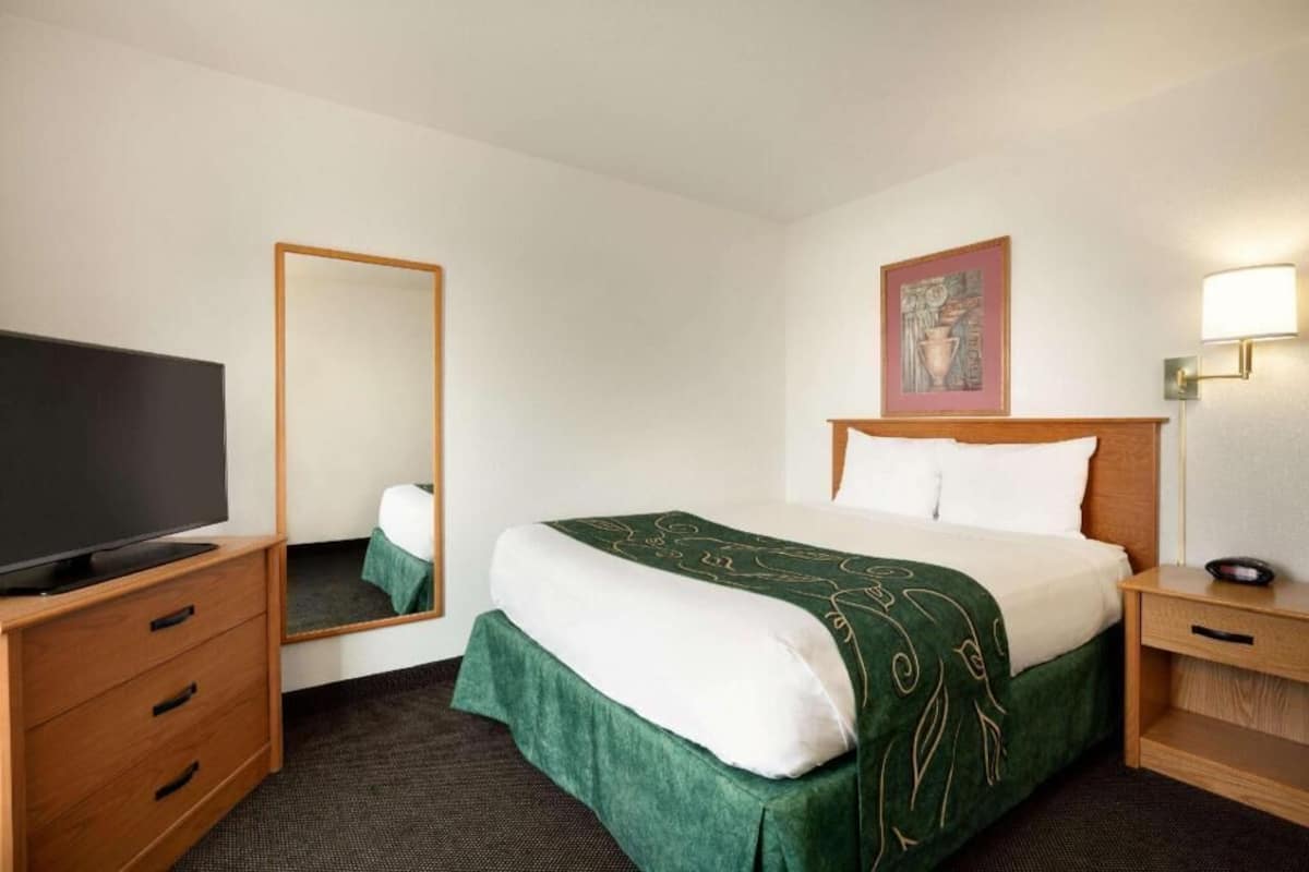 A hotel room with a bed, a television on a wooden dresser, a mirror, a painting on the wall, and a bedside lamp.