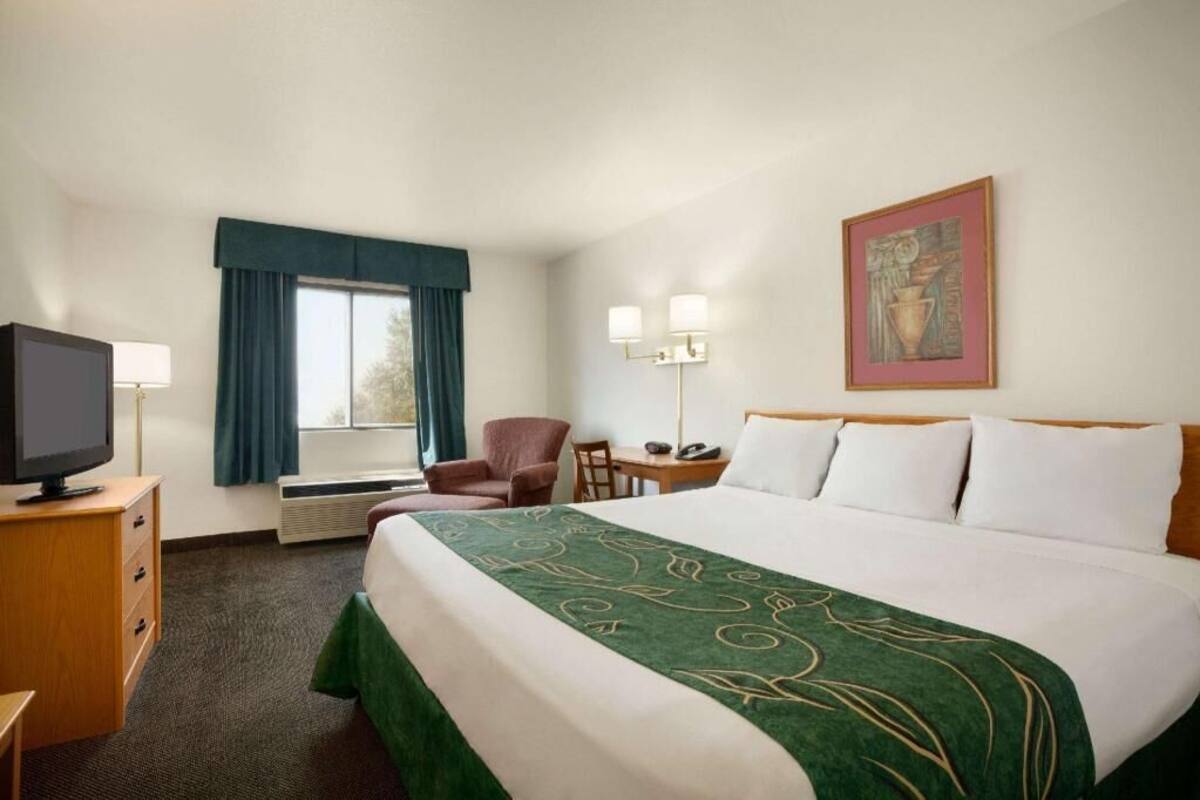 A hotel room with a bed, a television, a desk with a lamp, a chair, and a window with curtains.