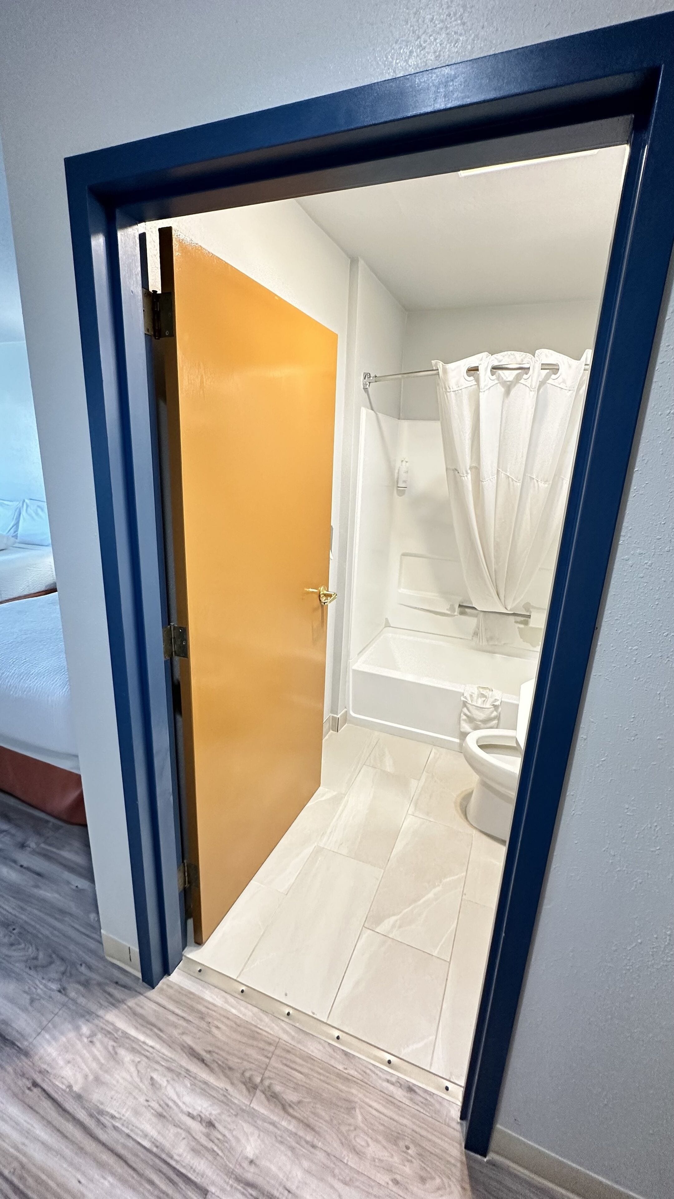 Une salle de bain avec douche, toilettes et une porte donnant sur une chambre.