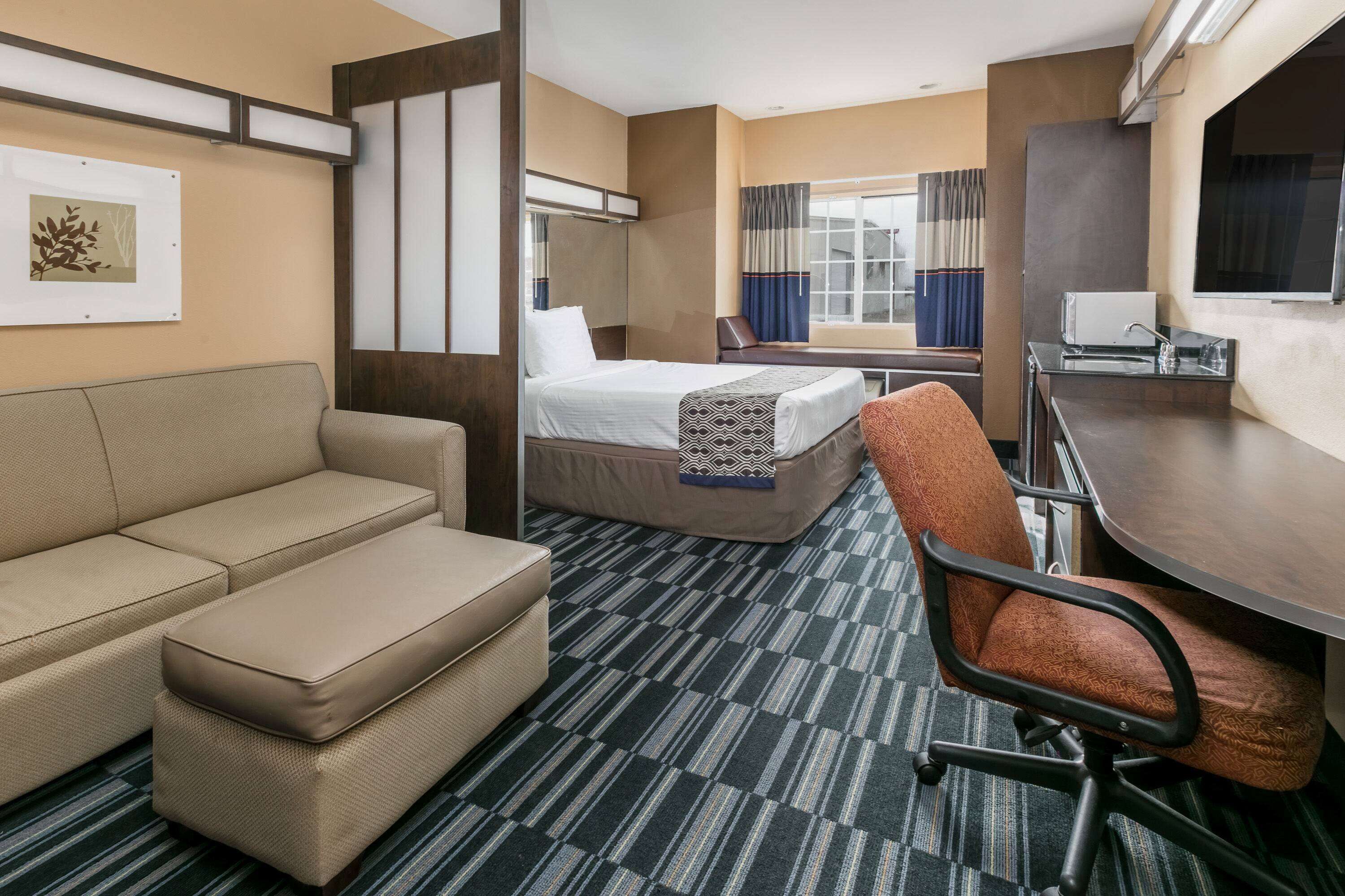 A hotel room with a sofa, a bed, a desk, and a chair.