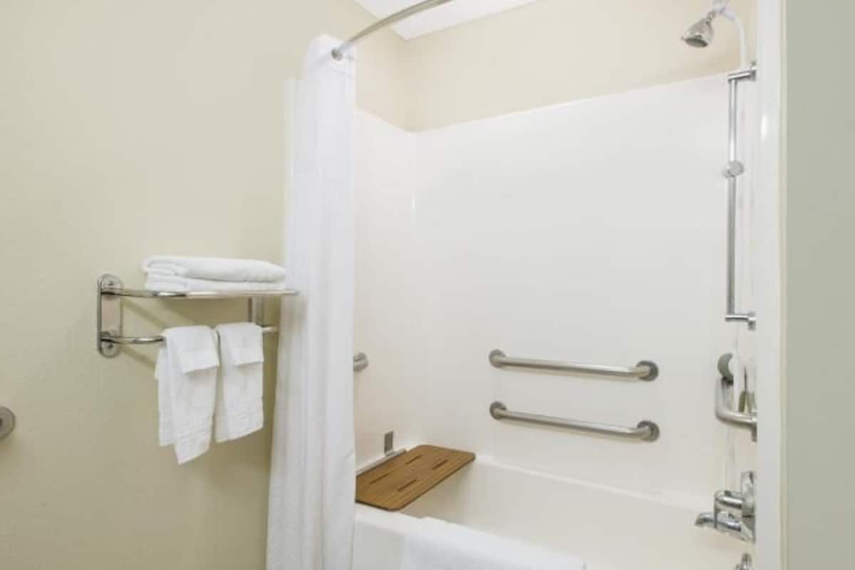 Combined shower/tub, free toiletries, hair dryer, towels