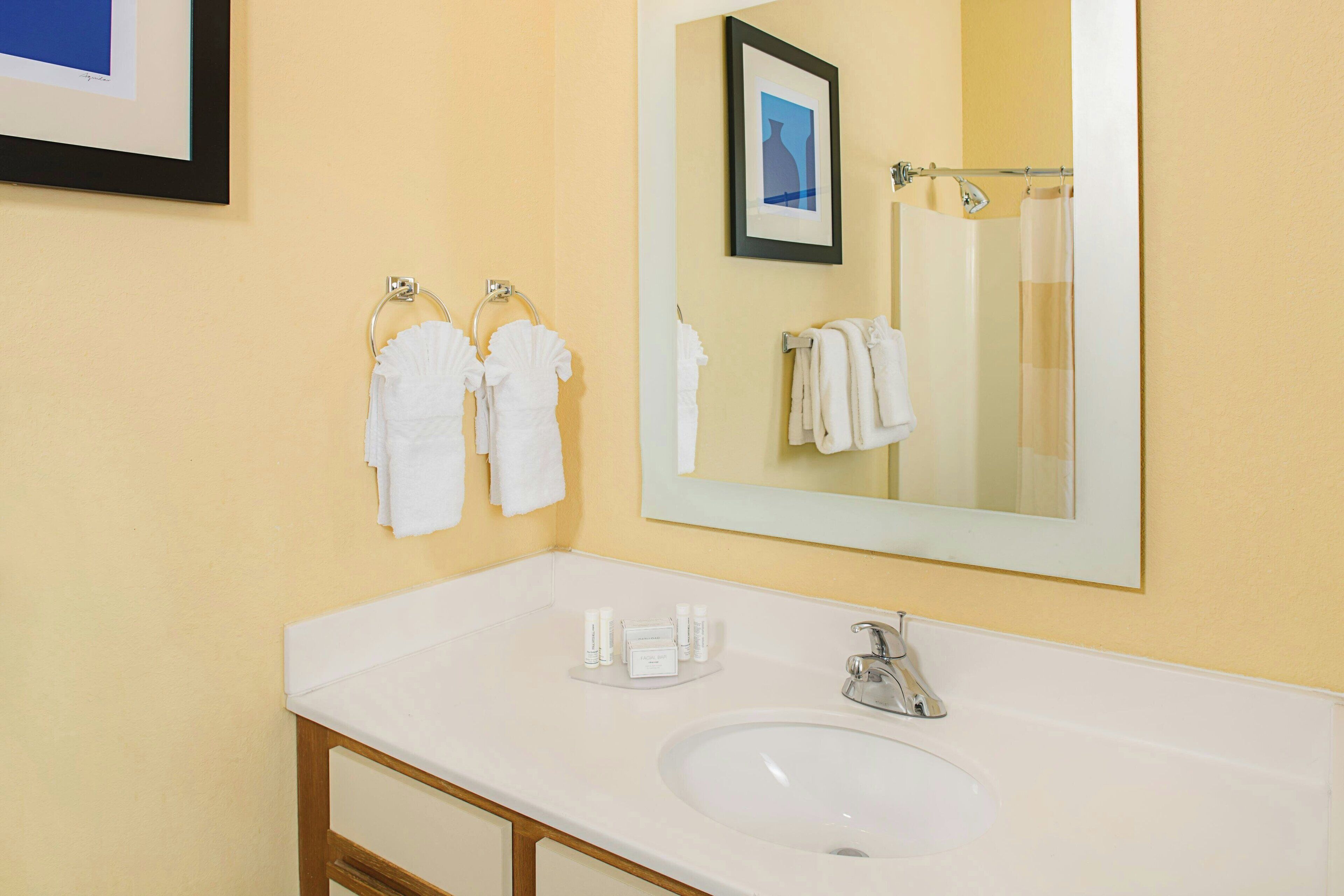 combined shower/bathtub, free toiletries, hair dryer, towels