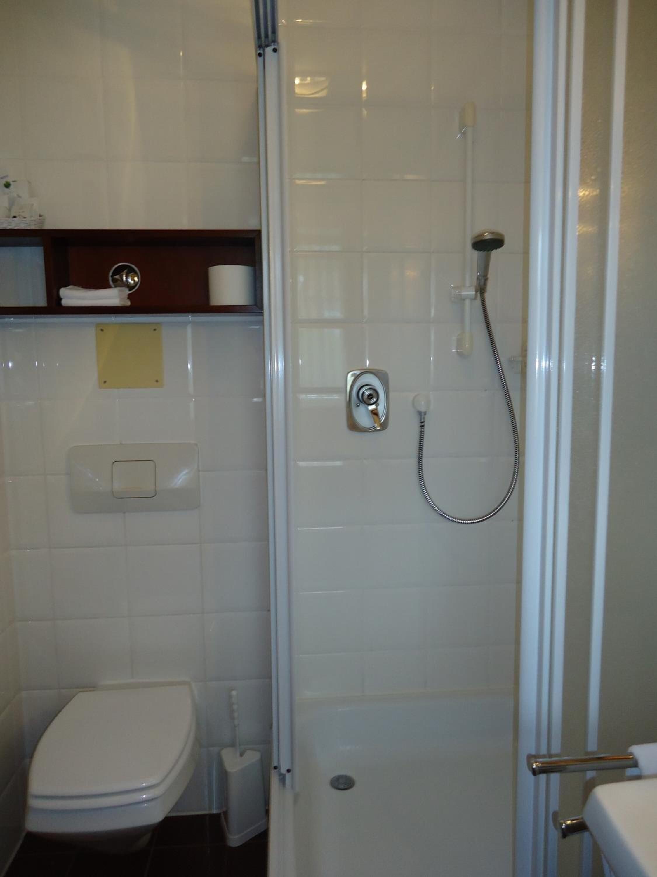 Ein Badezimmer mit Toilette, Duschkabine und Ablage für Toilettenartikel.