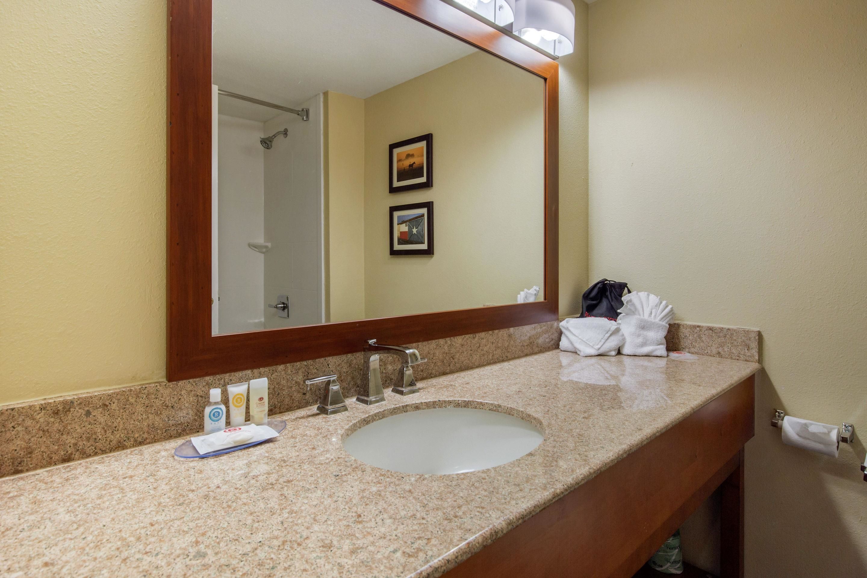A hotel bathroom with a granite countertop, a sink, a mirror, and two framed pictures on the wall.