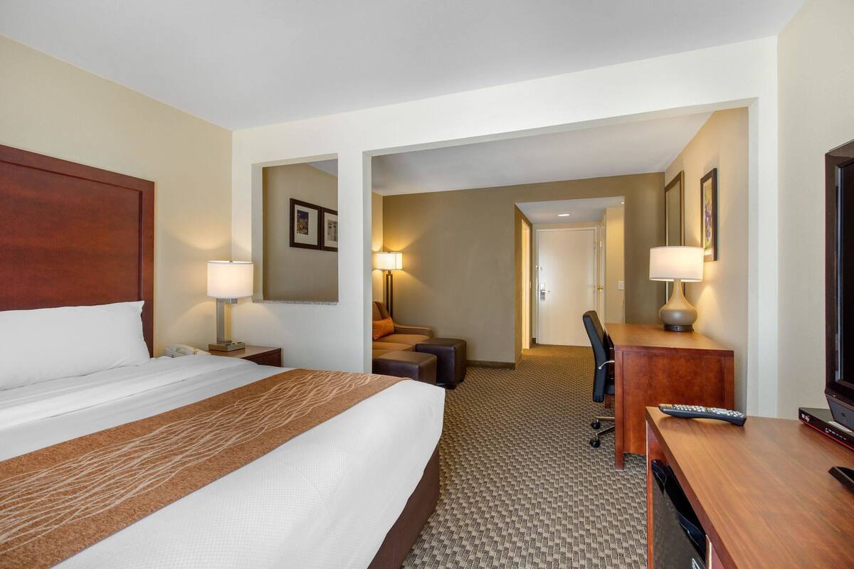 A hotel room with a large bed, a desk, a chair, a TV, and a lamp.