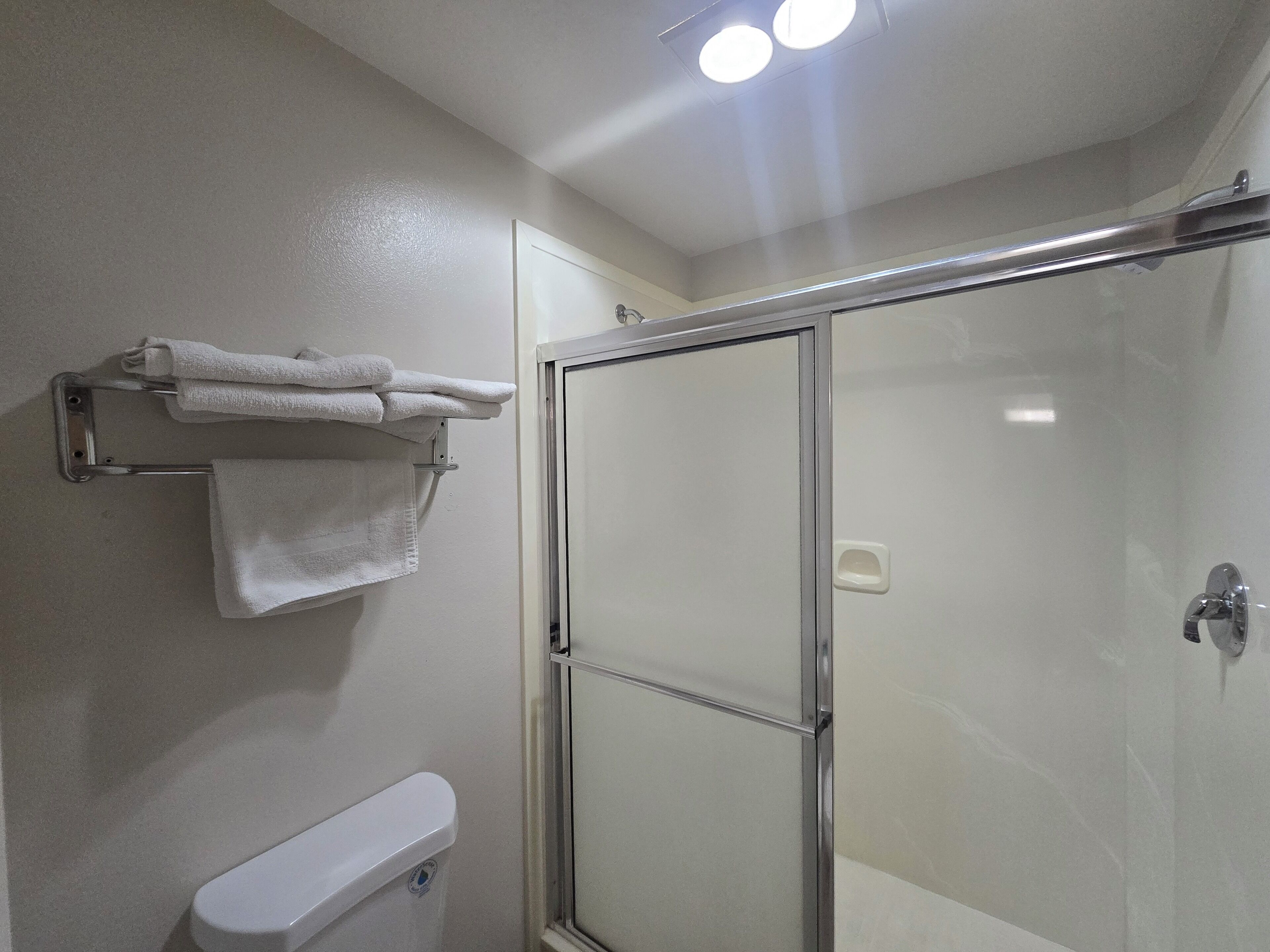 A bathroom with a glass shower enclosure, a toilet, and a towel rack with folded towels.