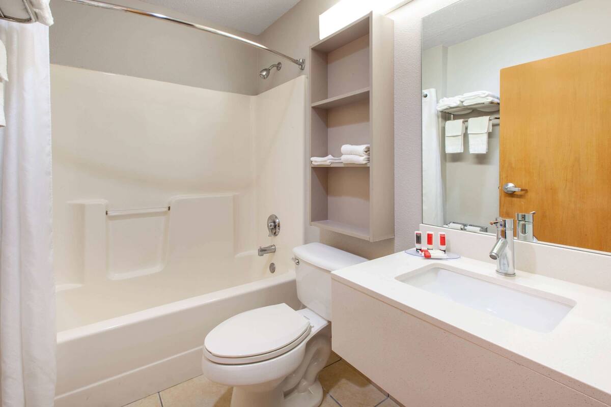 combined shower/bathtub, free toiletries, hair dryer, towels